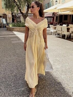 Zara Pale Yellow Embroidered Lace V-Neck Dress